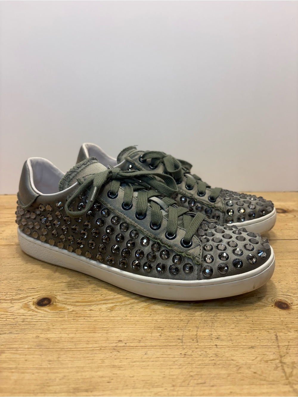 Lola Cruz || Gemstone Studded Olive/Sage Green Street Sneakers Sz 39